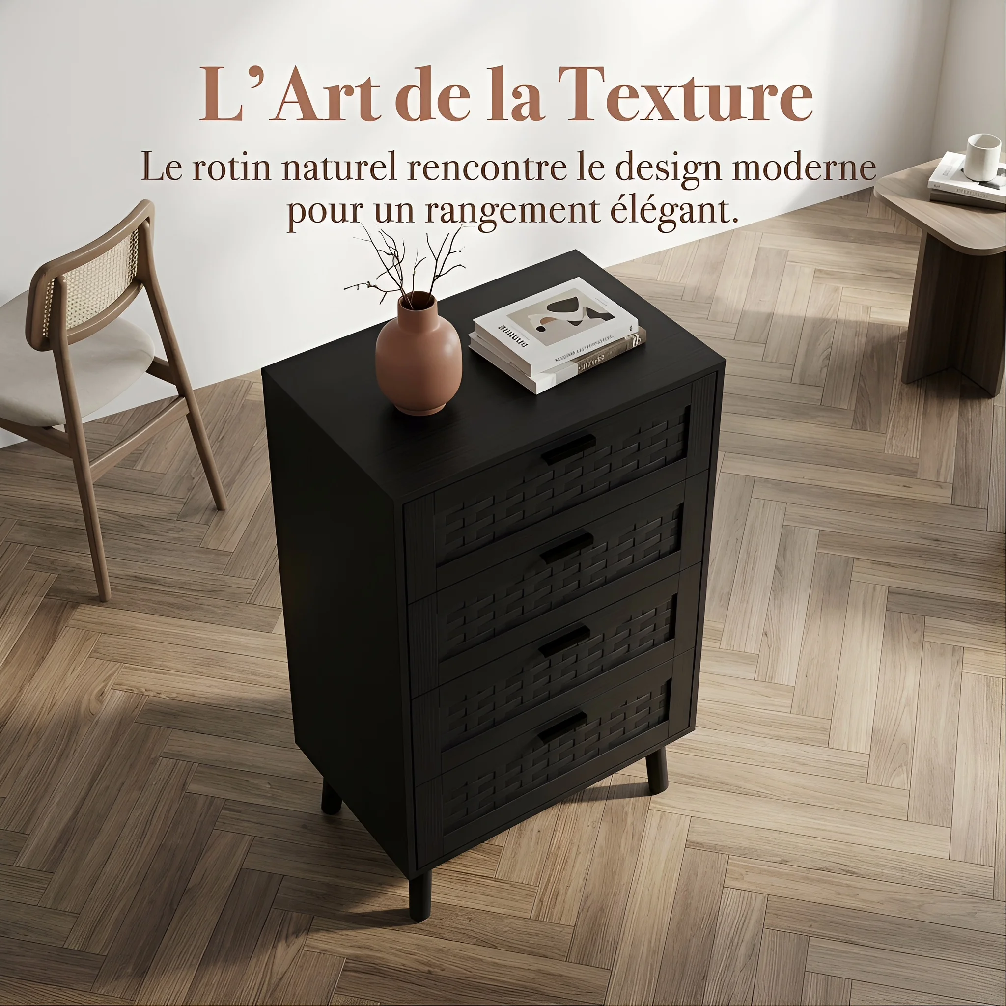 Rrotin Armario para dormitorio con 4 cajones decorados, Mueble de almacenaje con patas de madera, para dormitorio, sala de estar, Negro