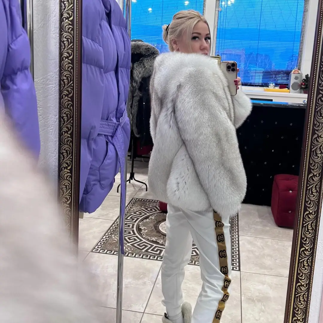 Fashion Natural White Real Fox Fur Coat Round Collar Long Sleeve Genuine Full Pelt Fox Fur Jacket Natural Woman Fur Overcoats