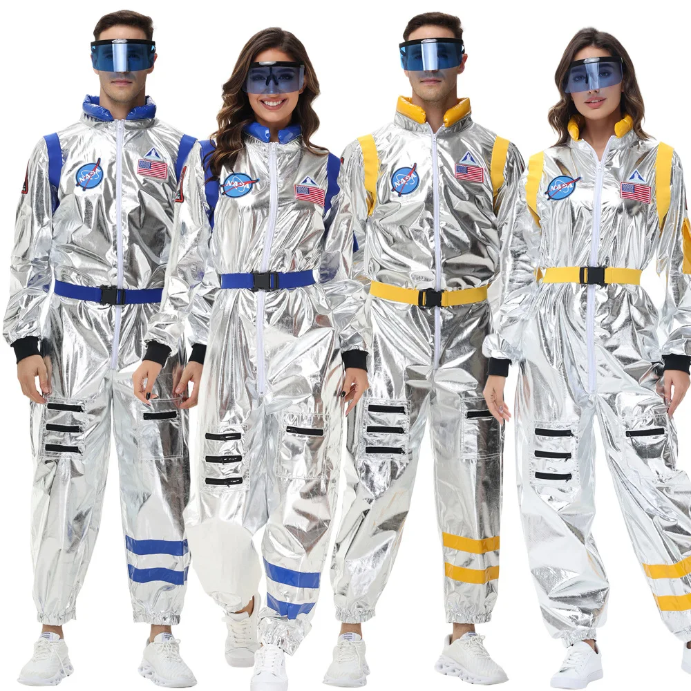 

Silver Astronaut Costume Adults Space Suit for Men Women Couple Space Zipper Jumpsuit Role Play Halloween Carnival Party Cosplay