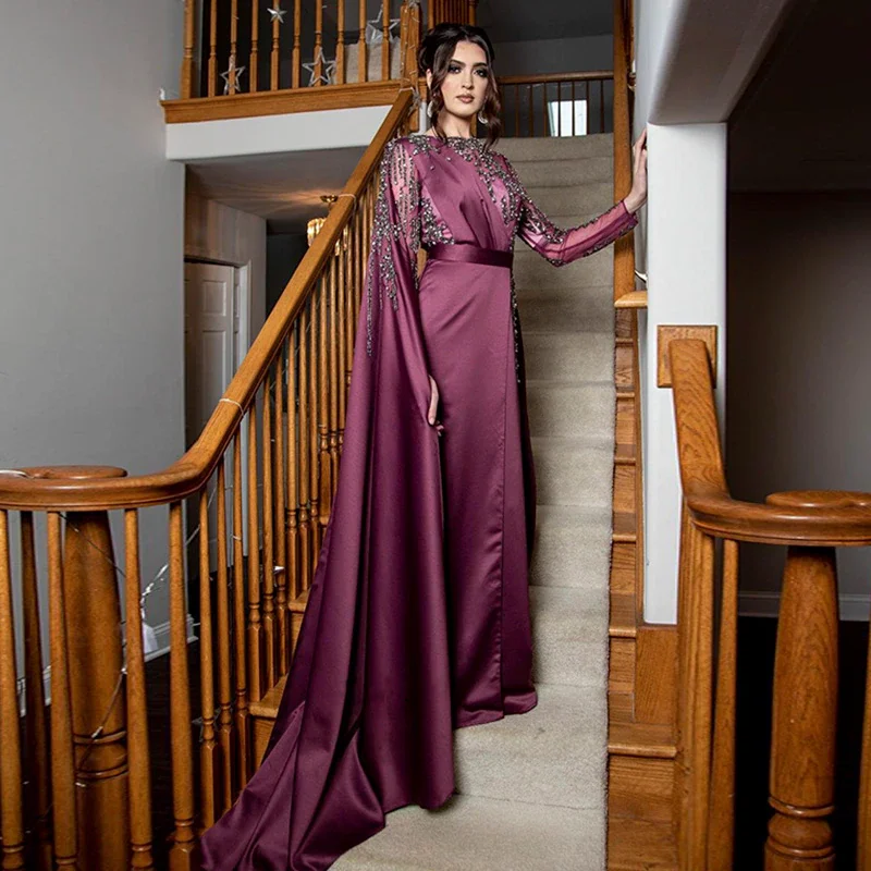 15752# Luxury Long Arabic Beaded Lace Evening Dresses With Cape Sleeve Dubai Muslim Formal Dress For Women Wedding Party