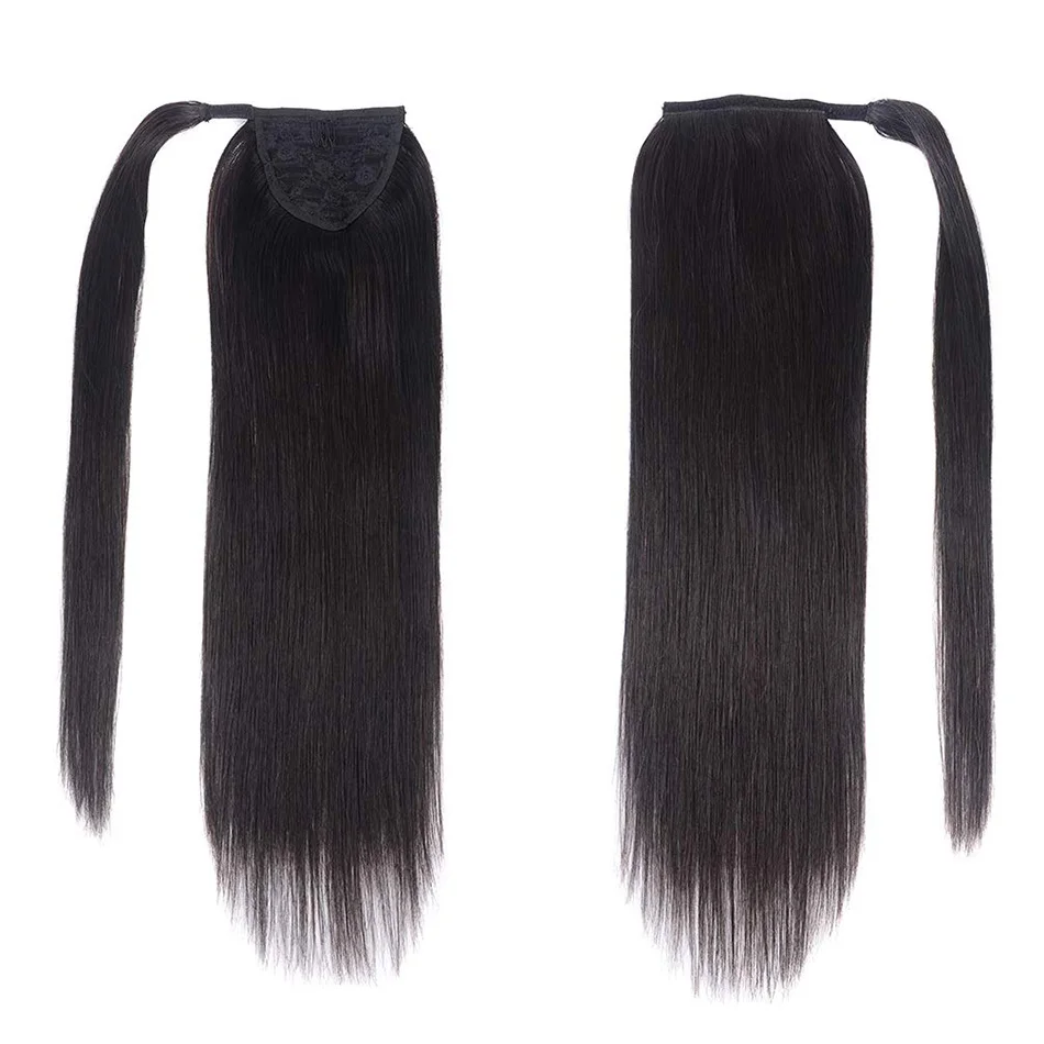 Human Hair Straight Ponytail 100% Human Hair Peruvian Remy Hair Wrap Around For Women Natural Color with Magic Paste