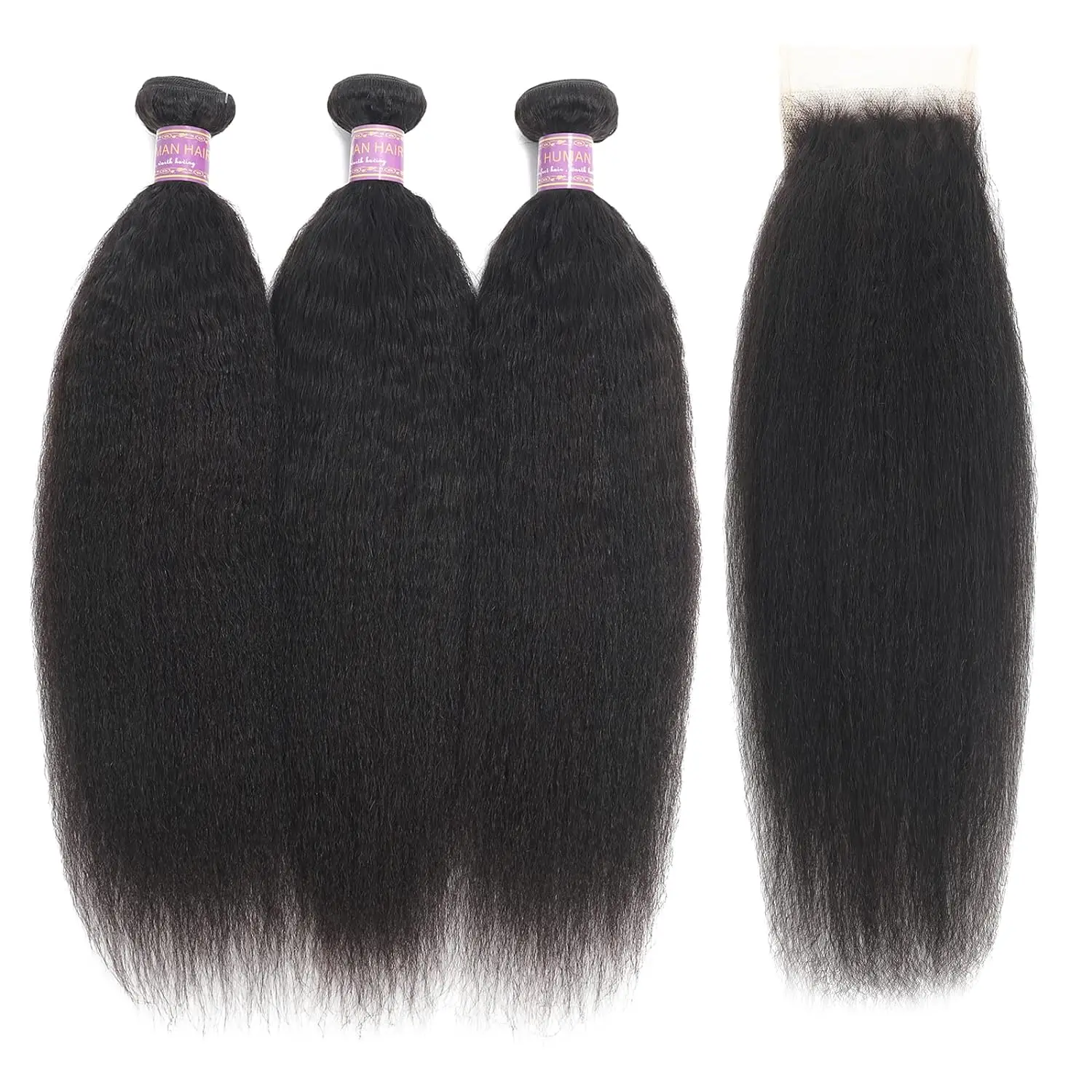 

Kinky Straight Human Hair 3 Bundles With 4x4 Lace Closure Free Part 100% Unprocessed Brazilian Remy Yaki Straight Human Hair