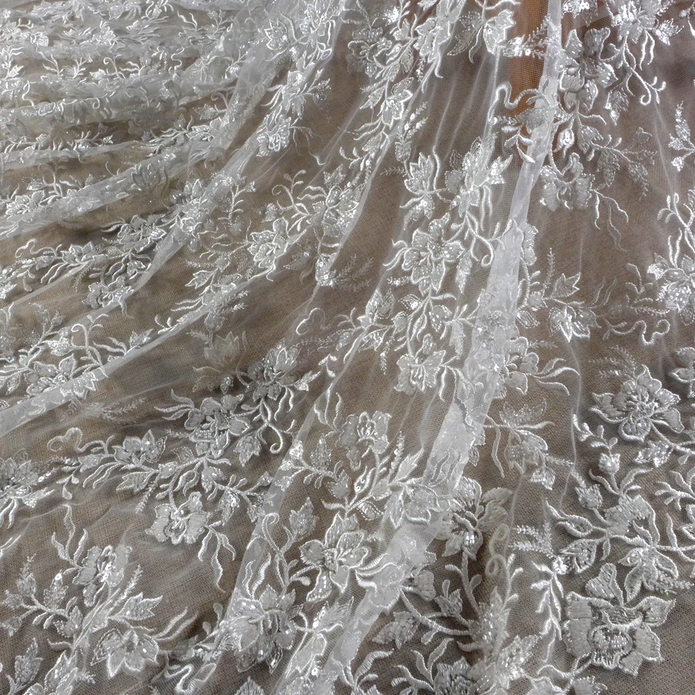 HelluyerDC White heavy beaded lace fabric,many flwoers leaves partterns for wedding,evening,dance gown can be cut to many pieces