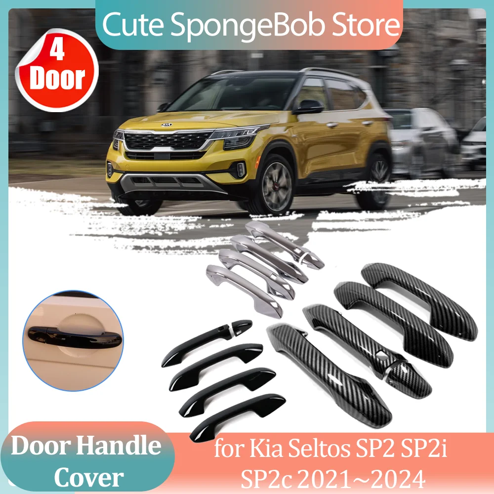 

Car Handle Cover for Kia Seltos SP2 SP2i SP2c 2021~2024 Carbon Fiber Black Side Door Part Sticker Trim Strip Decor Accessories