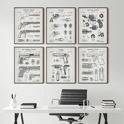 Vintage Gun Patent Poster Revolver Art Prints Retro Pistol Canvas Painting Man Cave Wall Pictures Decor Gun Room Decoration