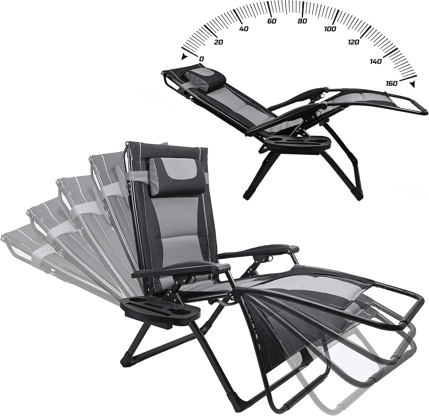 XXL Oversize Recliner Folding Chair for Camping Patio Outdoors Zero Gravity Extra Wide Reclining Padded Seats with Sunshade and