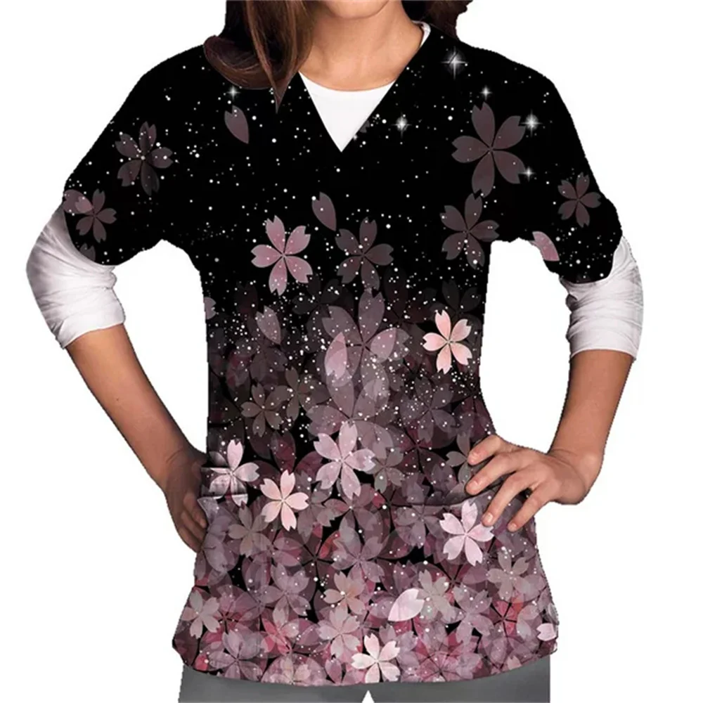 

Scrubs Medical Uniforms Woman Flower Pattern Print Health Care Nurse Tops V-Neck Short Sleeve Dental Women's Medical Uniform