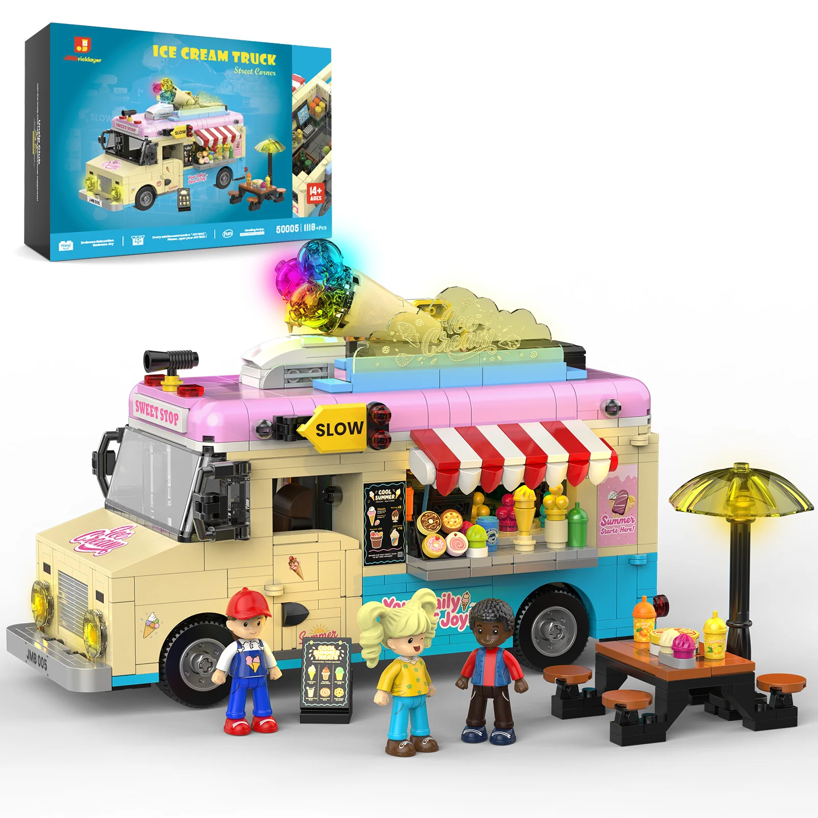 JMBricklayer 1207PCS LED Ice Cream Truck Building Blocks Set Type-C Rechargeable Retro Street Food Cart Model Kit for Adults Girls Home Decor Display Birthday Gift Summer Candy Room Decor Compatible Bricks Collectible Playset Food Truck