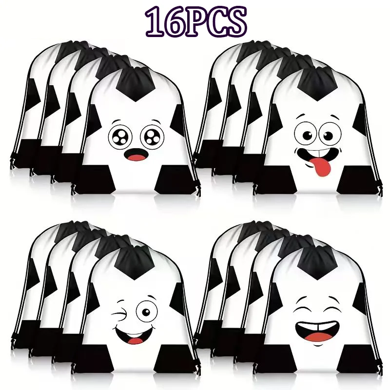 16Pcs Cartoon Soccer Print Drawstring Backpack, Camping Bags Outdoor Bags, Lightweight Sack Bag for Sports Travel Party