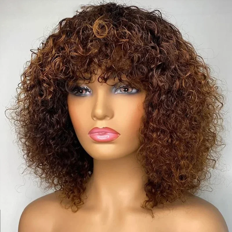 Black Short Curly Wig with Bangs Human Hair Wigs for Women Jerry Curl Bob Wig 150% Density Non Lace Front Glueless Wig Remy Hair