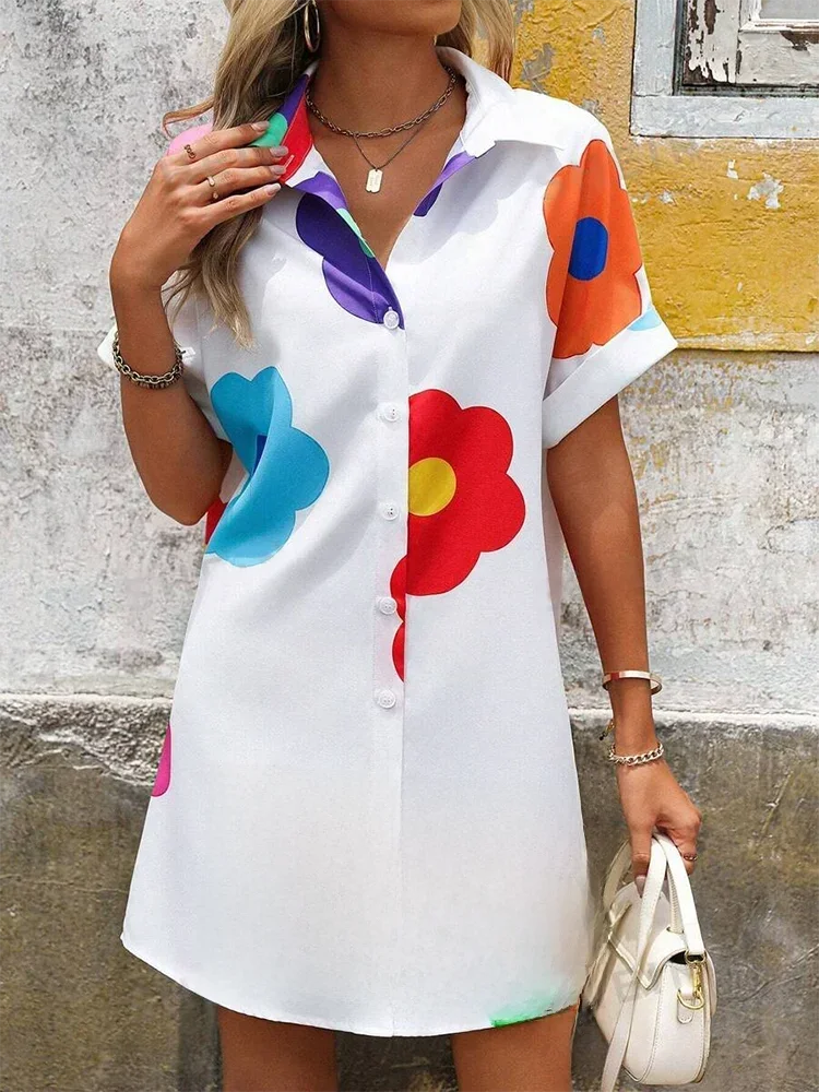 Mini robe d'été décontractée, ample, confortable, manches courtes, imprimé floral doux, élégante, mode urbaine quotidienne, robe chemise pour femmes