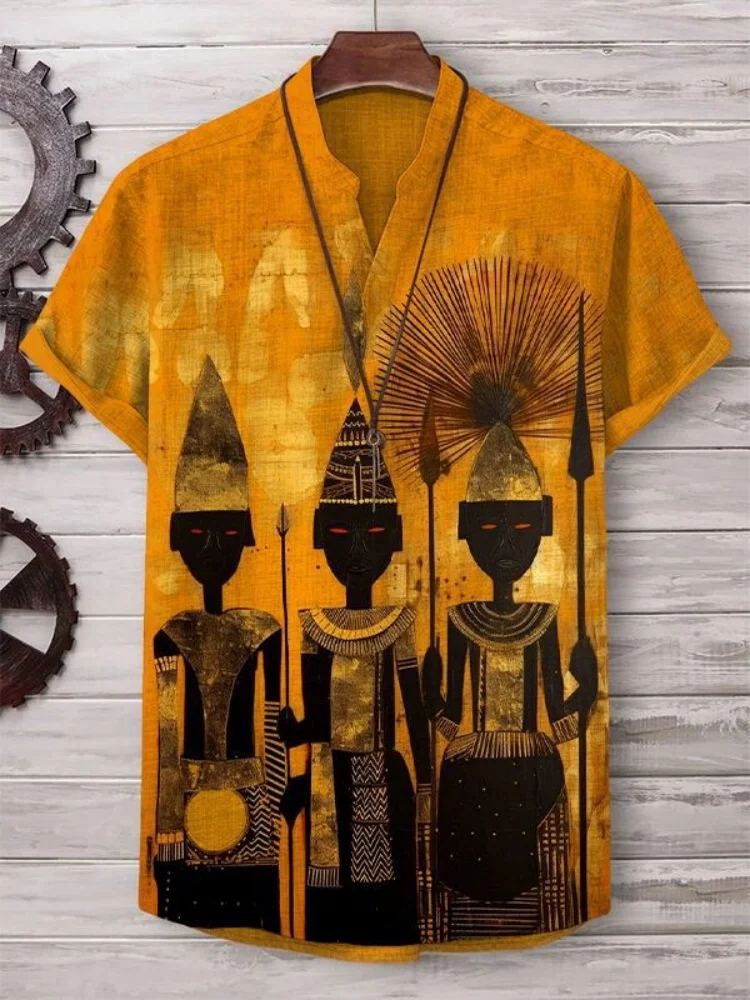 新しいレトロ部族トーテムパターンプリントメンズ新しいリネンコンフォート生地半袖シャツ XS-5XL 高速配送