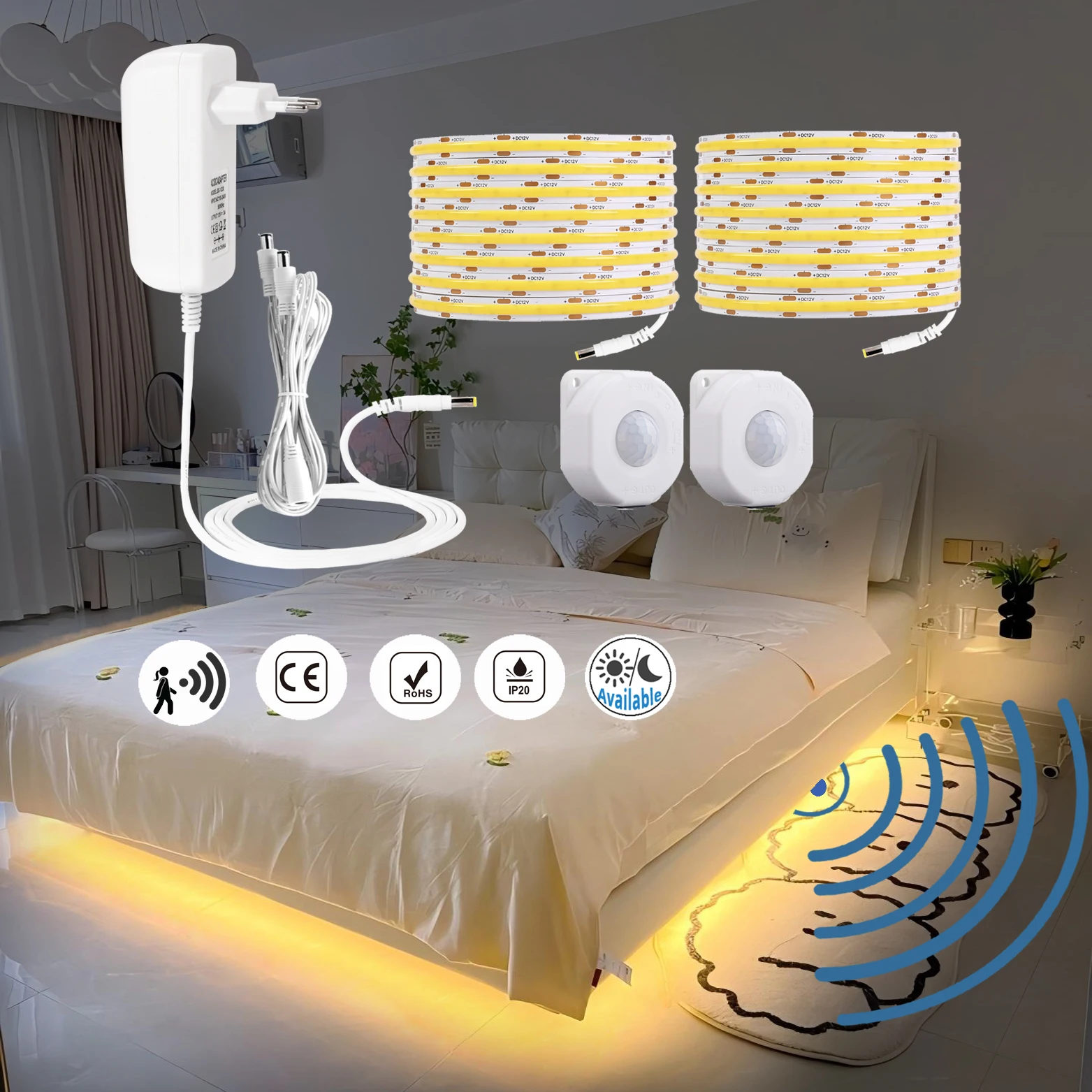 Single Double Human Sensing Light Tape Set Motion Activate Under Bed Stairs Corner Passageway Lighting Automatically Turn on off