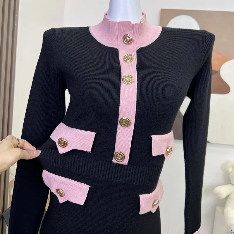 French Style Elegant Long Sleeve Patchwork Dresses 2023 Women Vintage Midi Classic Knitted Dress