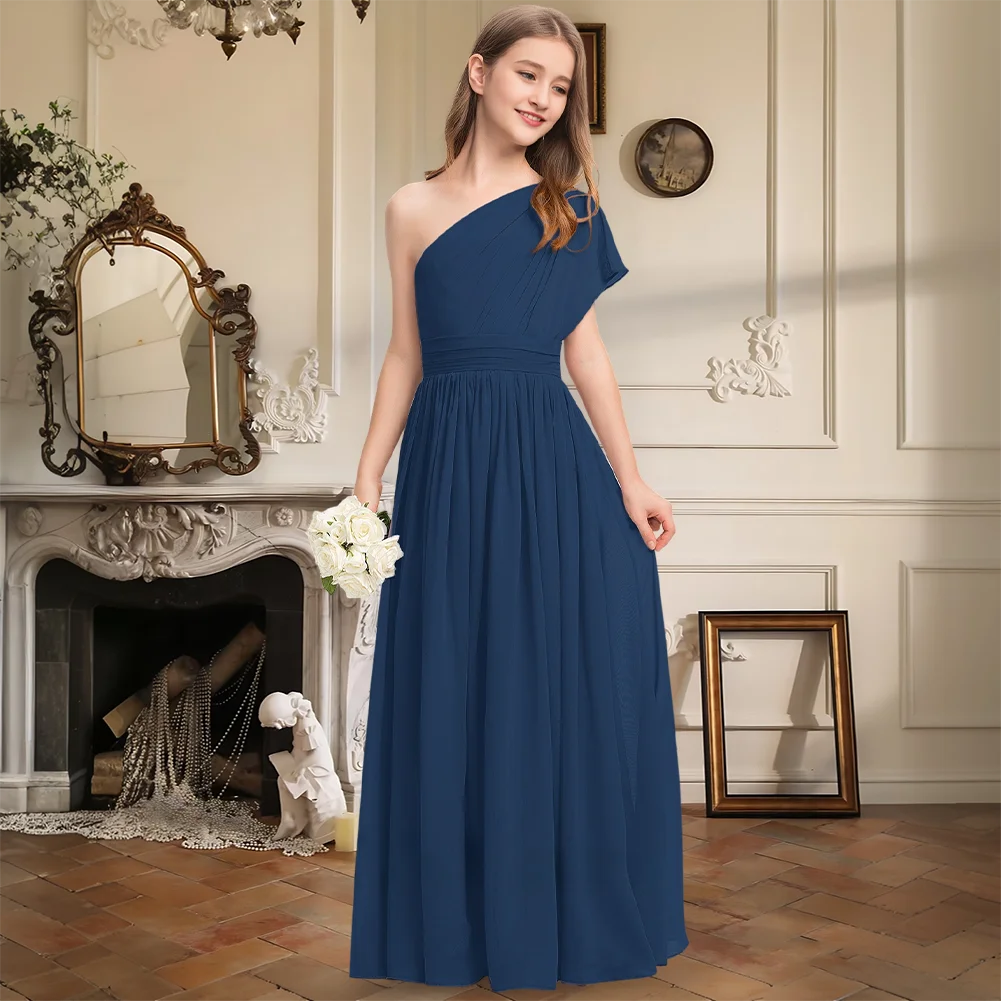 

A Line Junior Bridesmaid Dress Flower Girl Dress Floor Length Chiffon One Shoulder Short Sleeve Wedding Party Formal Special