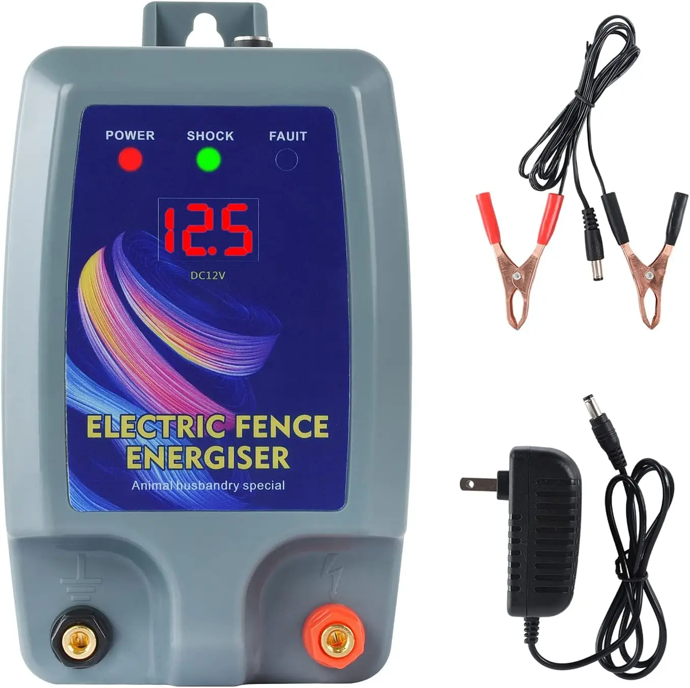 

10km Electric Fence Energizer, with Battery Power Clip Connector Farm Cattle Sheep Poultry Captive Security Fence