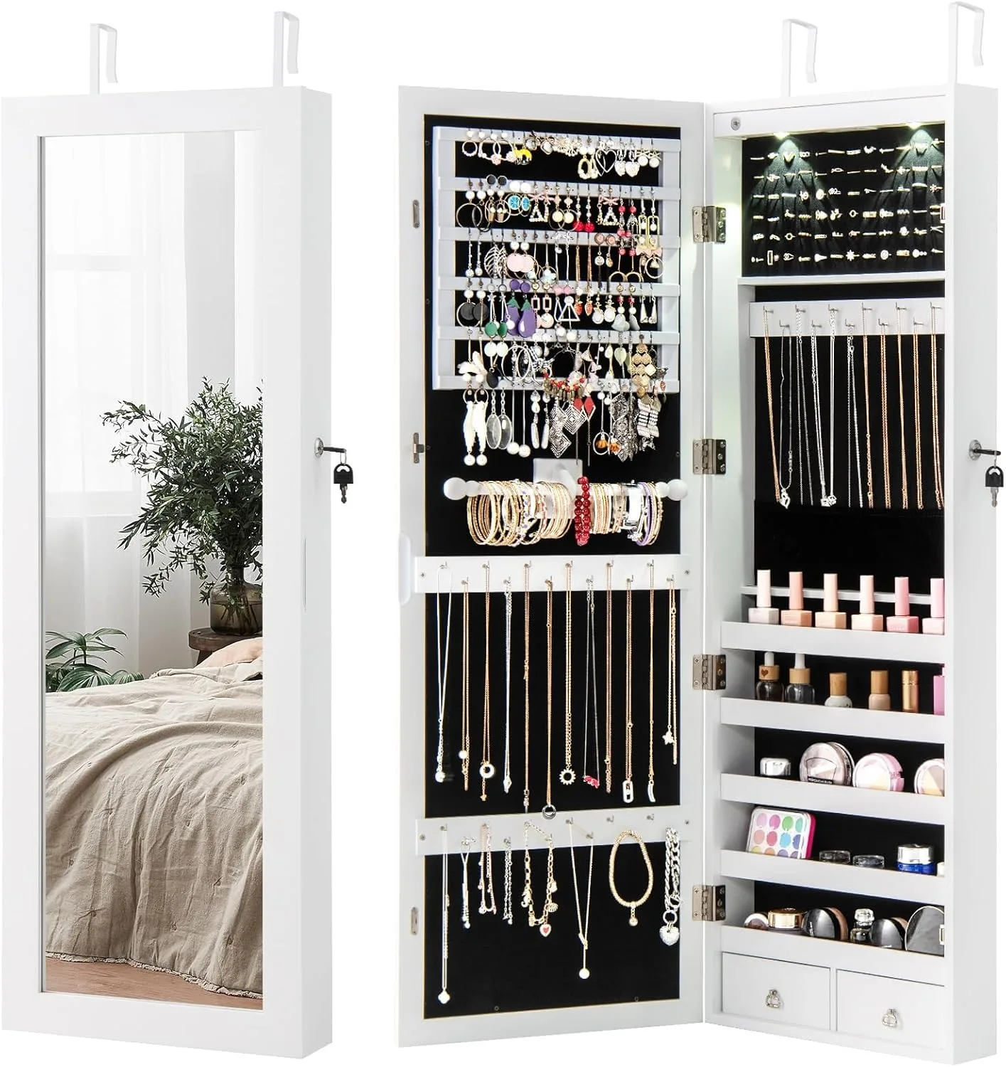 

Зеркальный шкаф для украшений, настенный/навесной органайзер для ювелирных изделий с зеркалом в полный рост 42,5 дюйма, внутренней LED-подсветкой