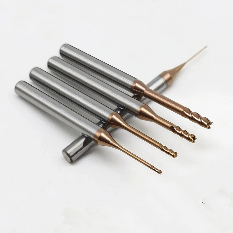 0,6 MM 0,7 MM 1 MM 1,5 MM 2 MM 3 MM 0,8 MM 4 MM HRC60 2/4 Flöten CNC hartmetall Lange hals Flache schaftfräser wolfram stahl schaftfräser schneider