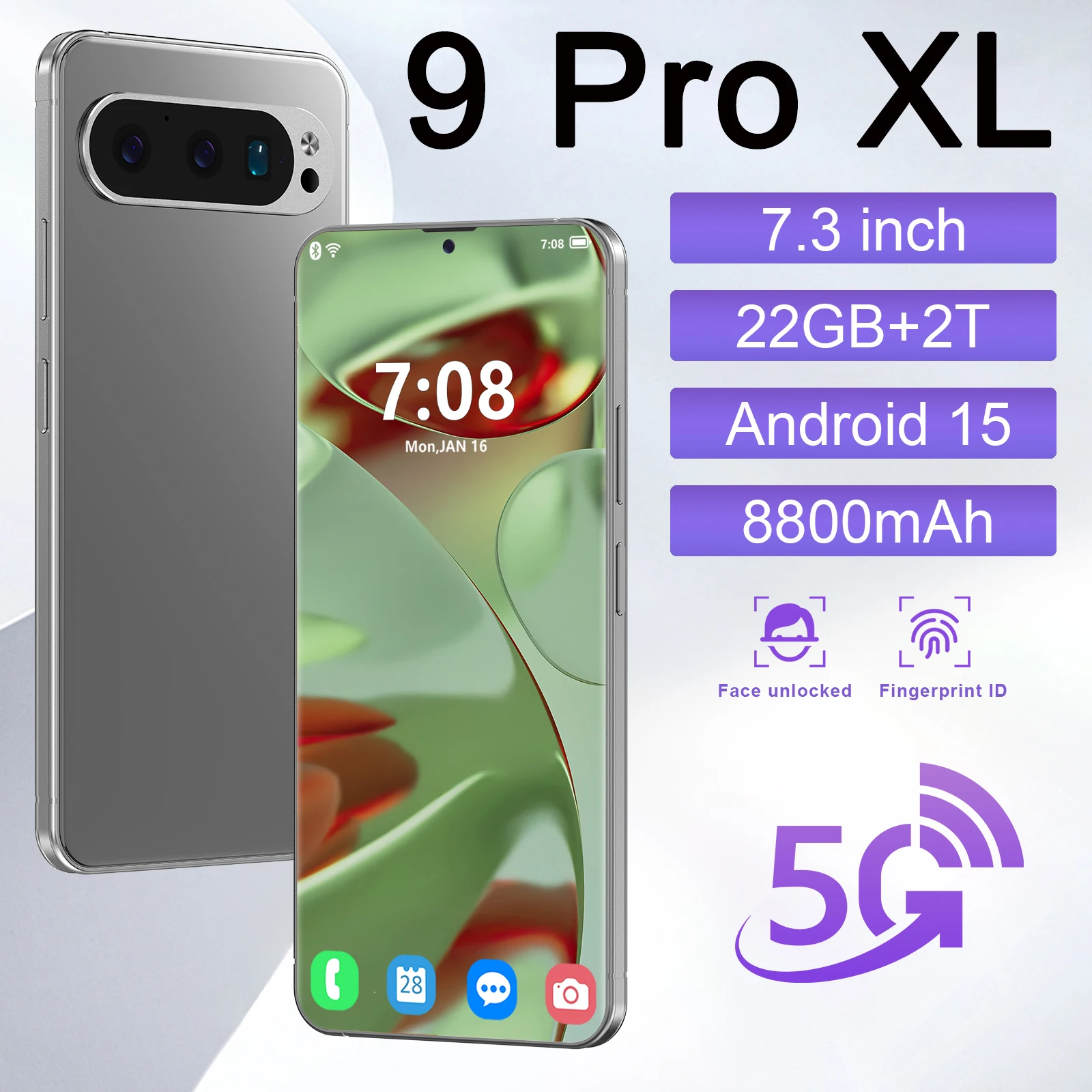 Smartphone 9 Pro XL d'origine : 7,3 FHD + 108MP 16 Go + 1 To Snapdragon 8 Gen4 8800 mAh 5G double SIM, Android 15