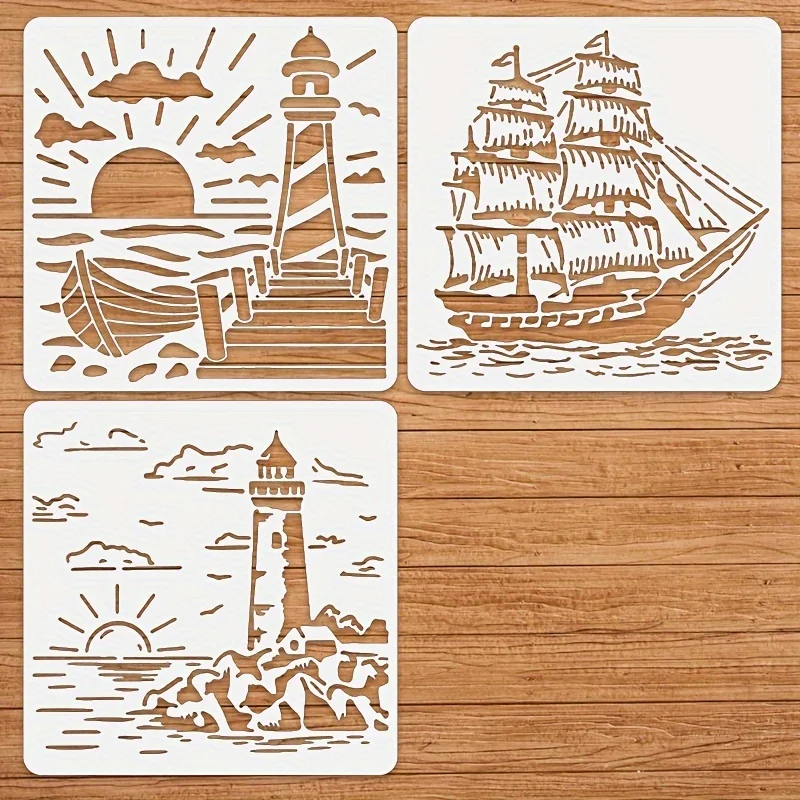 3個入り 7.9インチ 灯台と帆船の絵画ステンシルセット DIYウォールアート、木材、布、家の装飾、再利用可能なクラフトテンプレート用