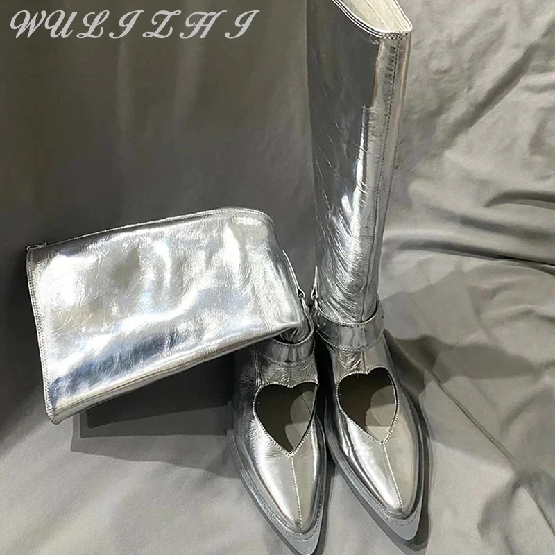 2024 New Women Silver Heart Shaped Hollow Knight Boots Pointed Toe Slip On Boots Punk Patent Leather Mid Calf Boots Mujer Botas