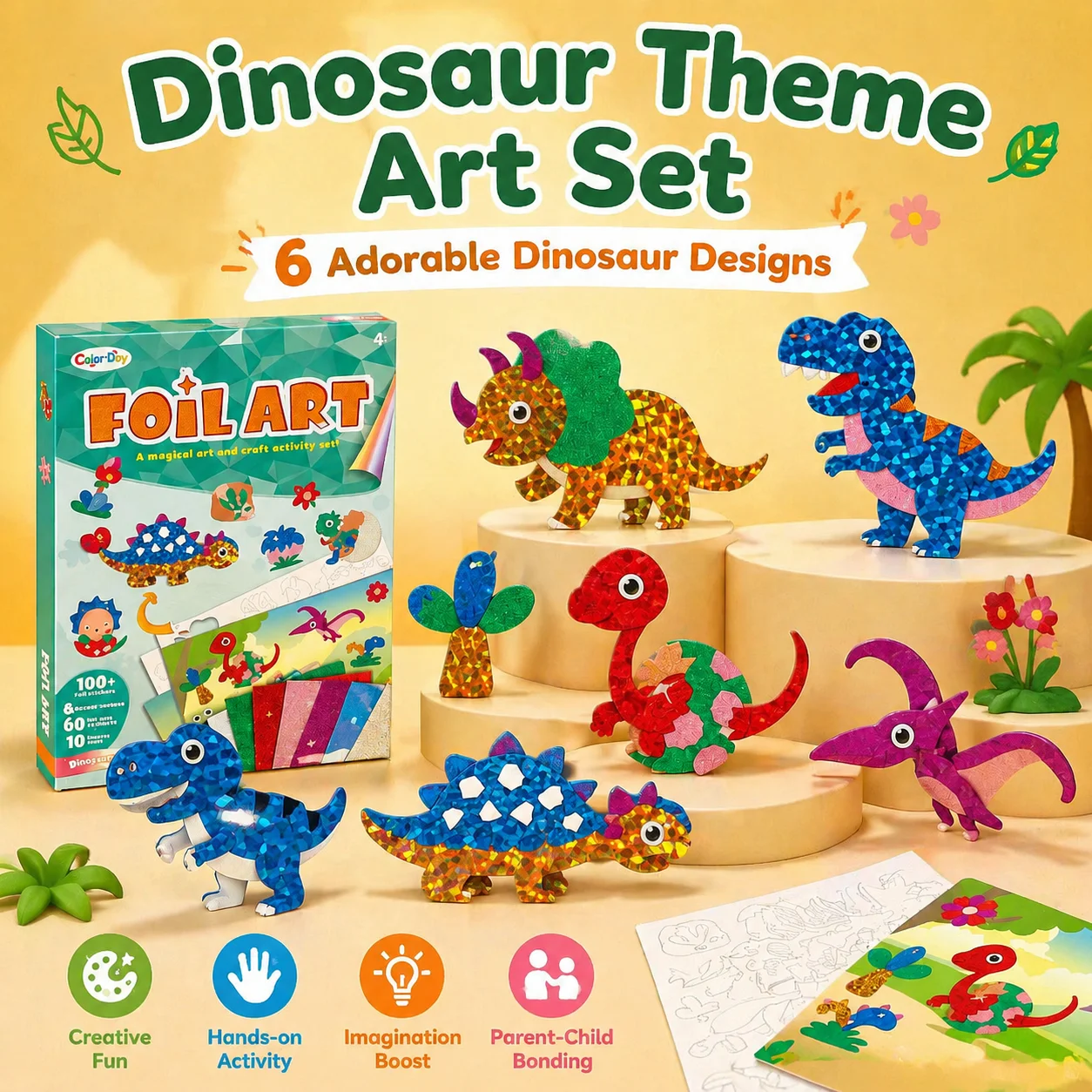 Kids Foil Art Kit 100+ Pcs, ColorDay Magic Craft Toy, Princess & Dinosaur 2 Themes, Indoor DIY Activity Set for Girls and Boys view 5