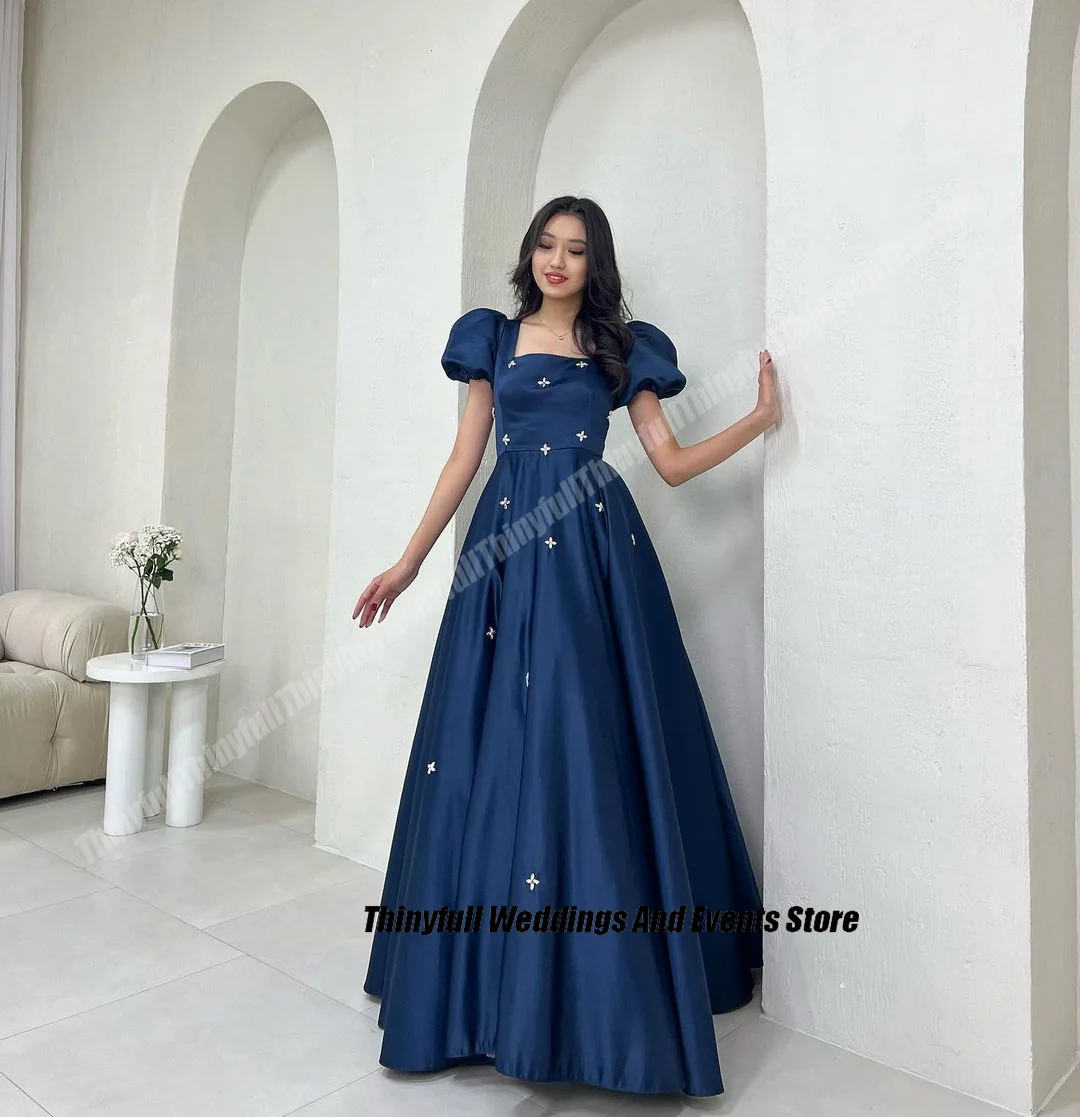 Thinyfull A-line Satin Prom Dresses Square Collar Short Sleeves Evening Party Gowns Crystal Long 2024 Formal Occasion Dress