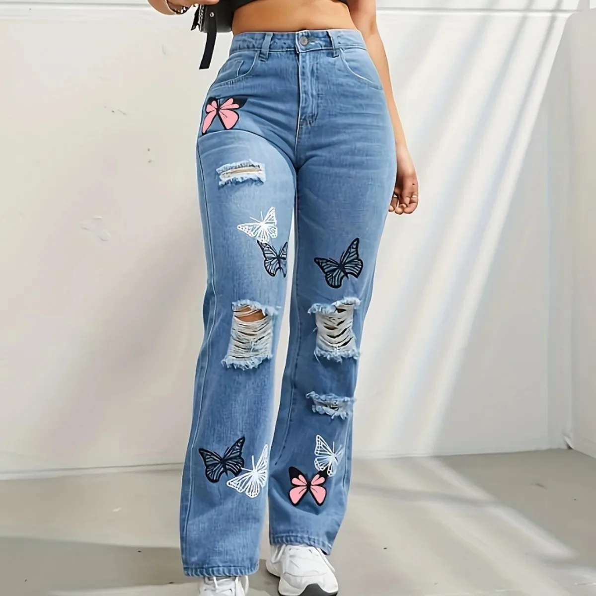 Spodnie jeansowe z nadrukiem motyla Damskie dżinsy z dziurami Proste spodnie z wysoką talią Luźny krój Vintage 2024 Casual Distressed Denims — zdjęcie 2