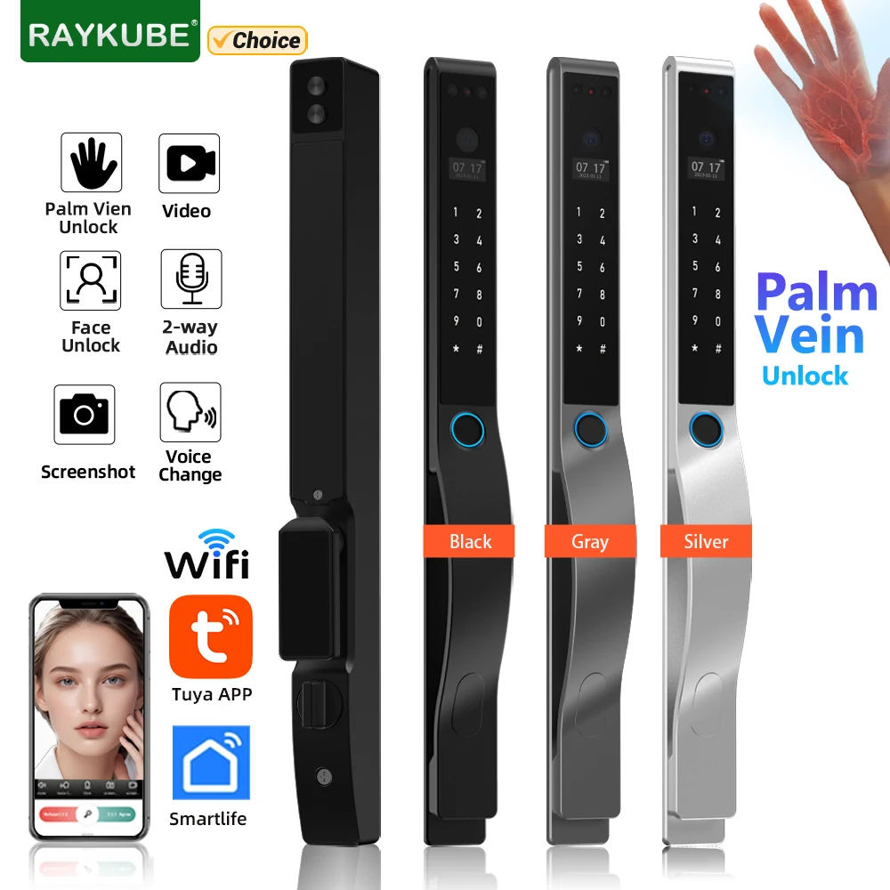 RAYKUBE DQ10 Tuya WiFi Palm Vien Waterproof Smart Lock 3D Face Recognition Digital Fingerprint Lock With APP Video Call Unlock