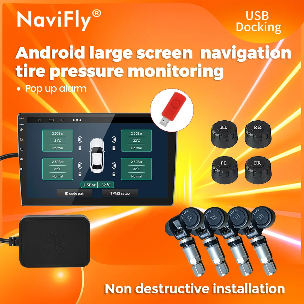 Navifly USB Android TPMS Reifendruckkontrollsystem Display Alarmsystem Interne externe Sensoren für Autonavigationsradio