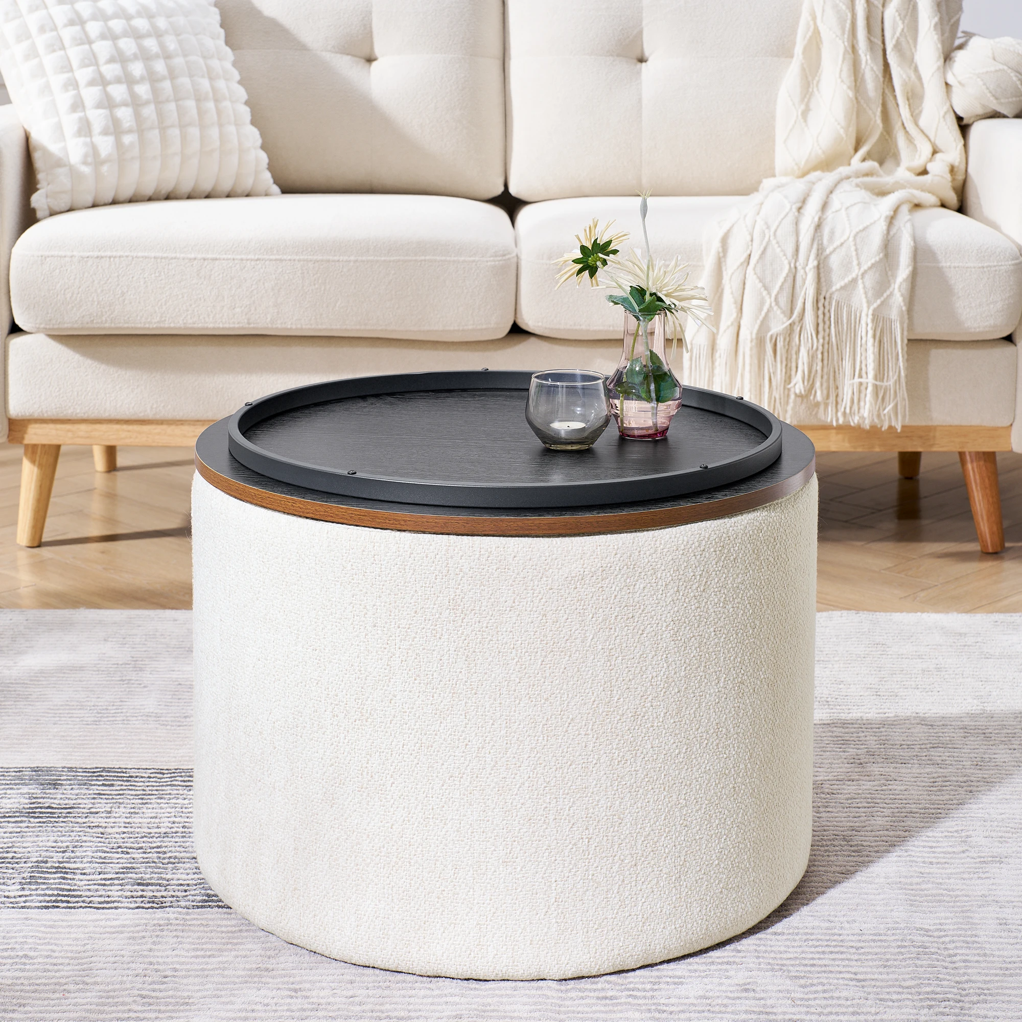 

2-Piece Set Round Chenille Storage Ottoman with Drum Shaped Small Stool, Storage Space, MDF Desktop Panel, for All.