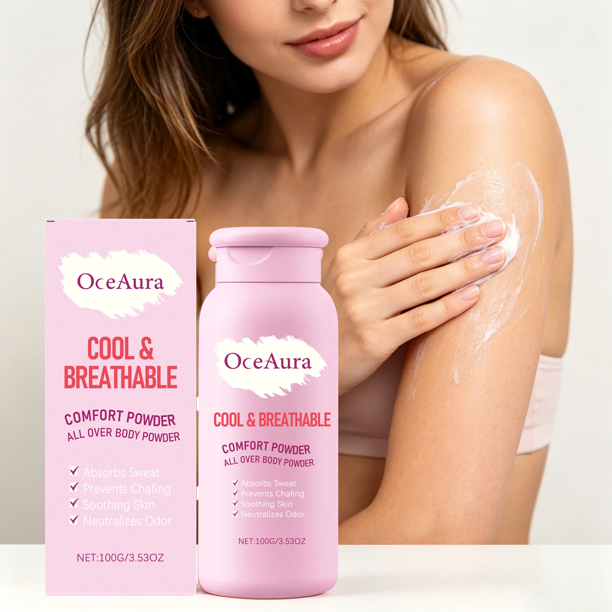 Poudre de talc rafraîchissante pour le corps 100g, grande capacité, poudre rafraîchissante non collante, absorption rapide, soulagement de la transpiration et de l'inconfort, poudre corporelle pour le soin de la peau de toute la famille. 1