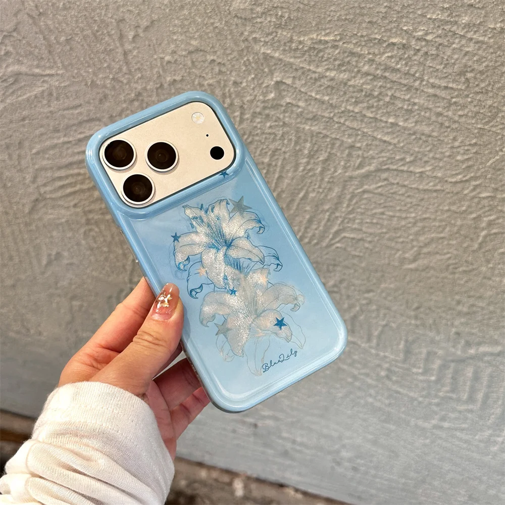 

INS Cute Luxury Fashion Blue Lily Phone Case Suitable for iPhone 17 Pro Max 15/16 13/14 ProMax Anti Drop Set