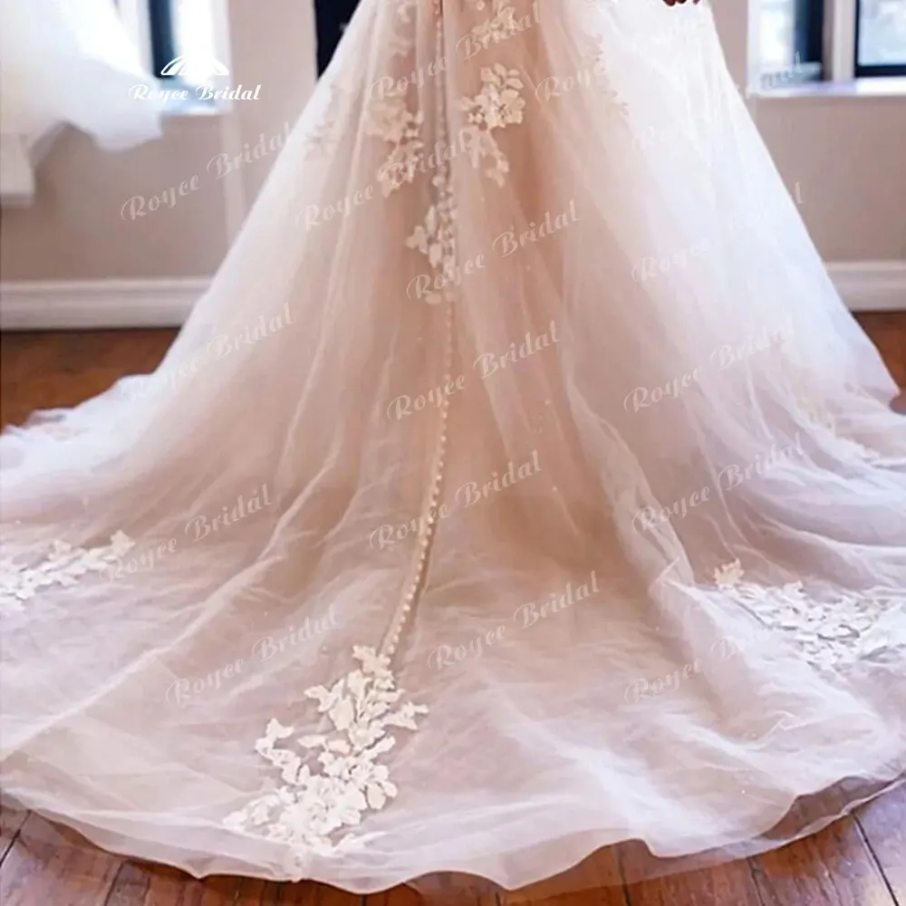 Elegantes vestidos de casamento A-Line para mulheres, manga, tule, renda, apliques, vestidos de noiva formais, feitos sob medida, 2023