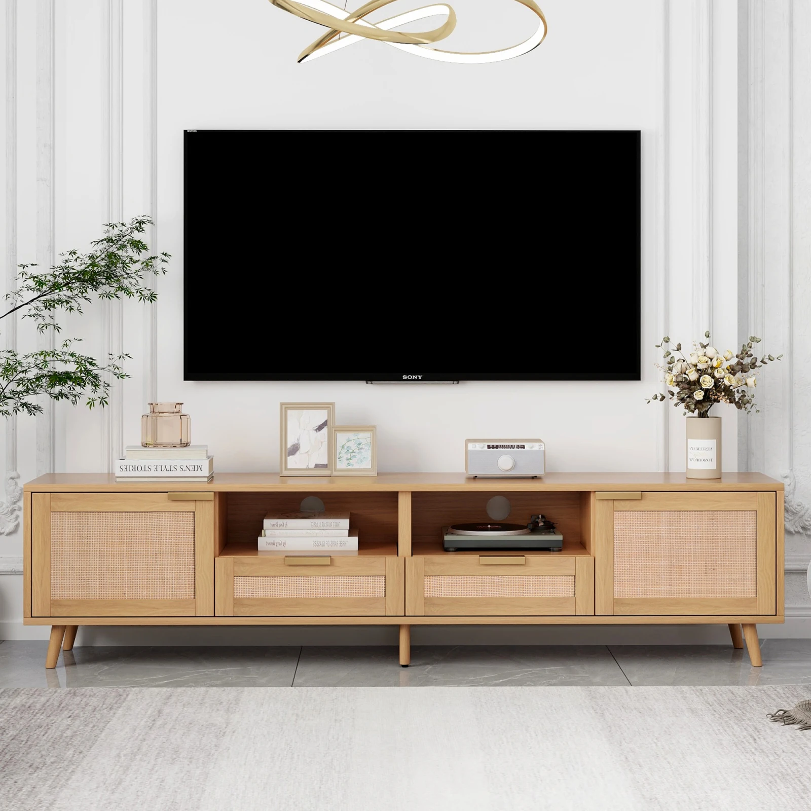 TV console table, 200*37*49cm, TV cabinet with real rattan design, TV cabinet with solid wooden feet, braided rattan TV boards