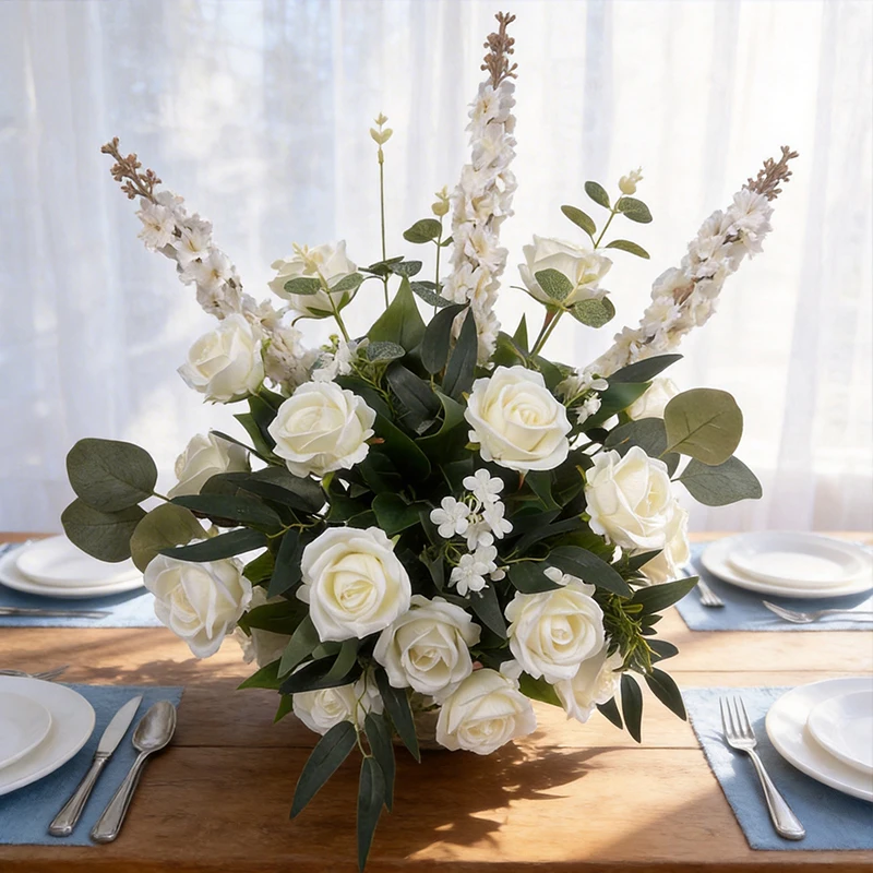 

17.72 Inch White Rose Artificial Flower Arrangement with Eucalyptus & Delphinium for Wedding Centerpieces Home Party Decor