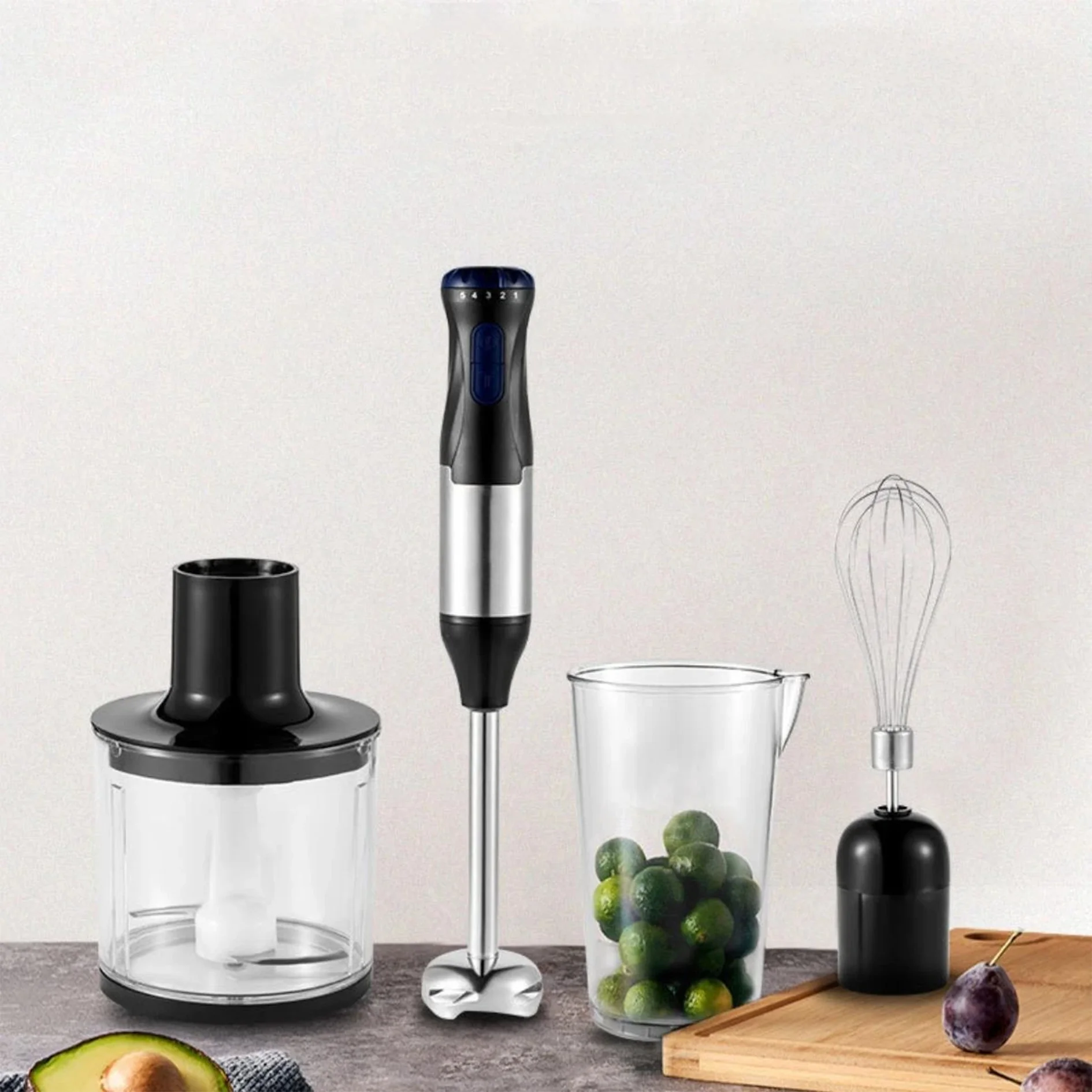 Batidora de Inmersión Manual Potente 4 en 1, Mezclador de Alimentos con Varilla de Acero Inoxidable, Vaso Mezclador de 700 ml, Procesador de 500 ml, Batidor