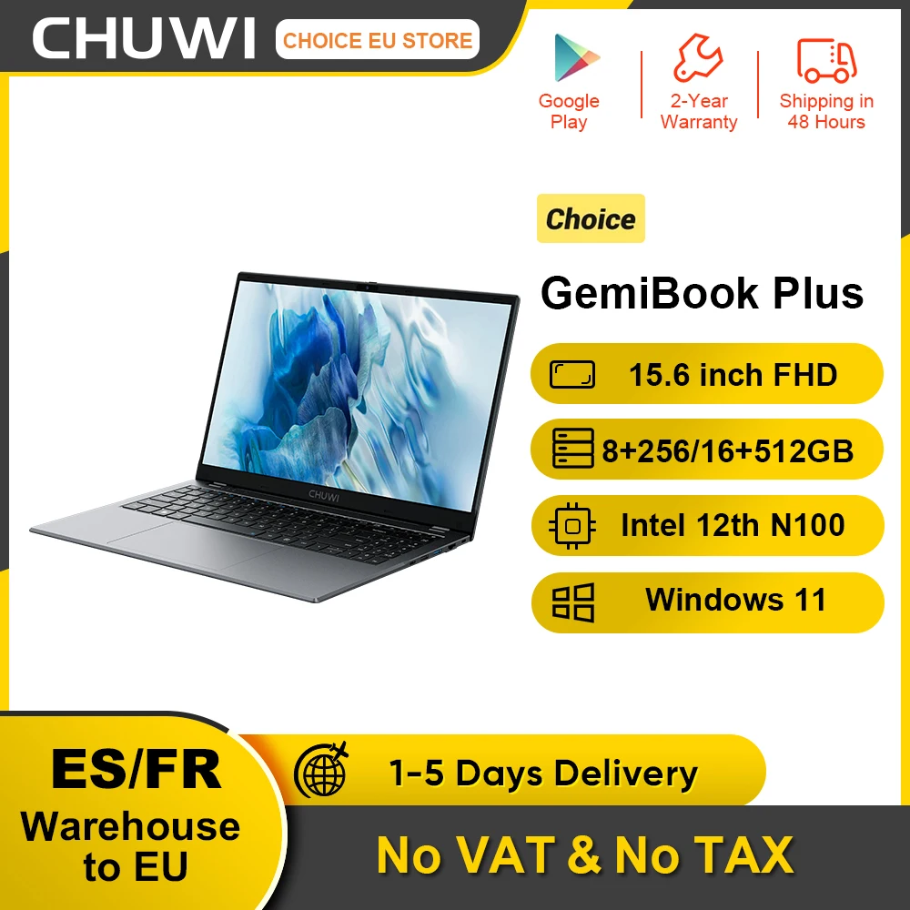 CHUWI GemiBook Plus Laptop Intel 12th N100 15.6 Inch 1920*1080 FHD Screen 8GB LPDDR5 256GB SSD Windows 11 WIFI 6 M.2 Up To 1T