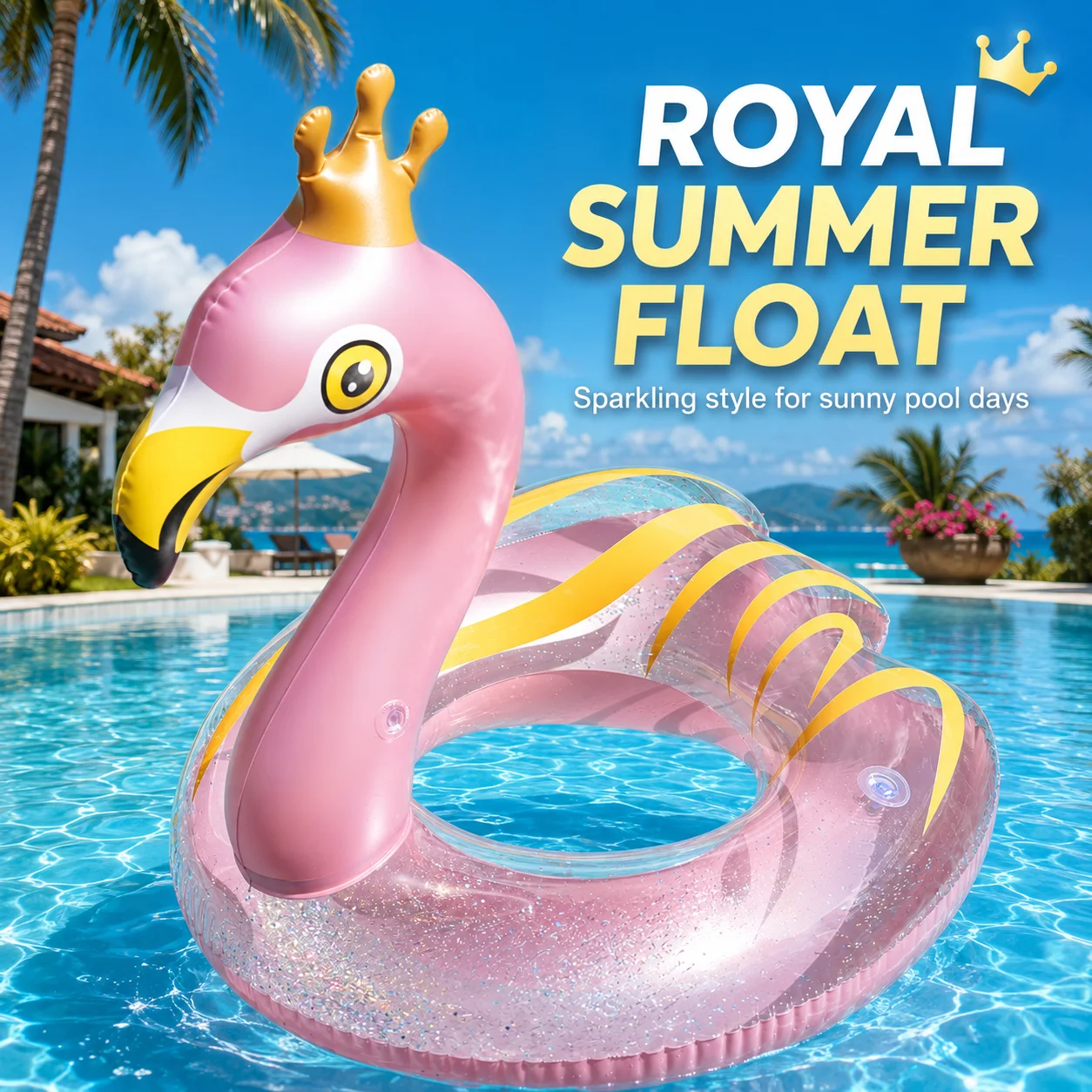 1PC Inflatable Flamingo Swan Pool Float with Crown, Glitter Swim Ring Raft, Heavy Duty PVC Pool Lounger for Adults