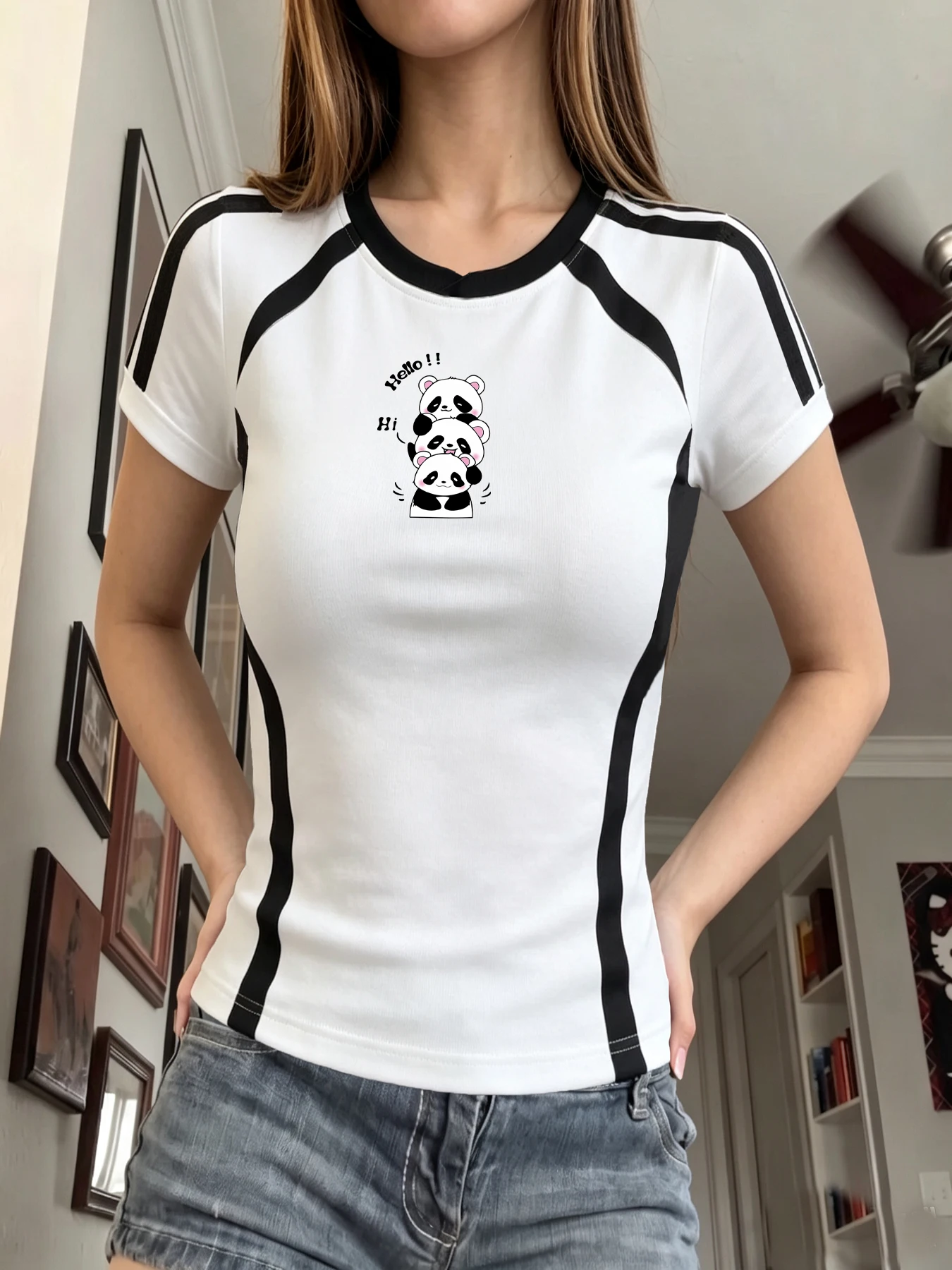 Y2K Women Black White Contrast Stripe T Shirt Cute Stack Panda Print Slim O-neck Short Sleeve Casual Streetwear Female Tees