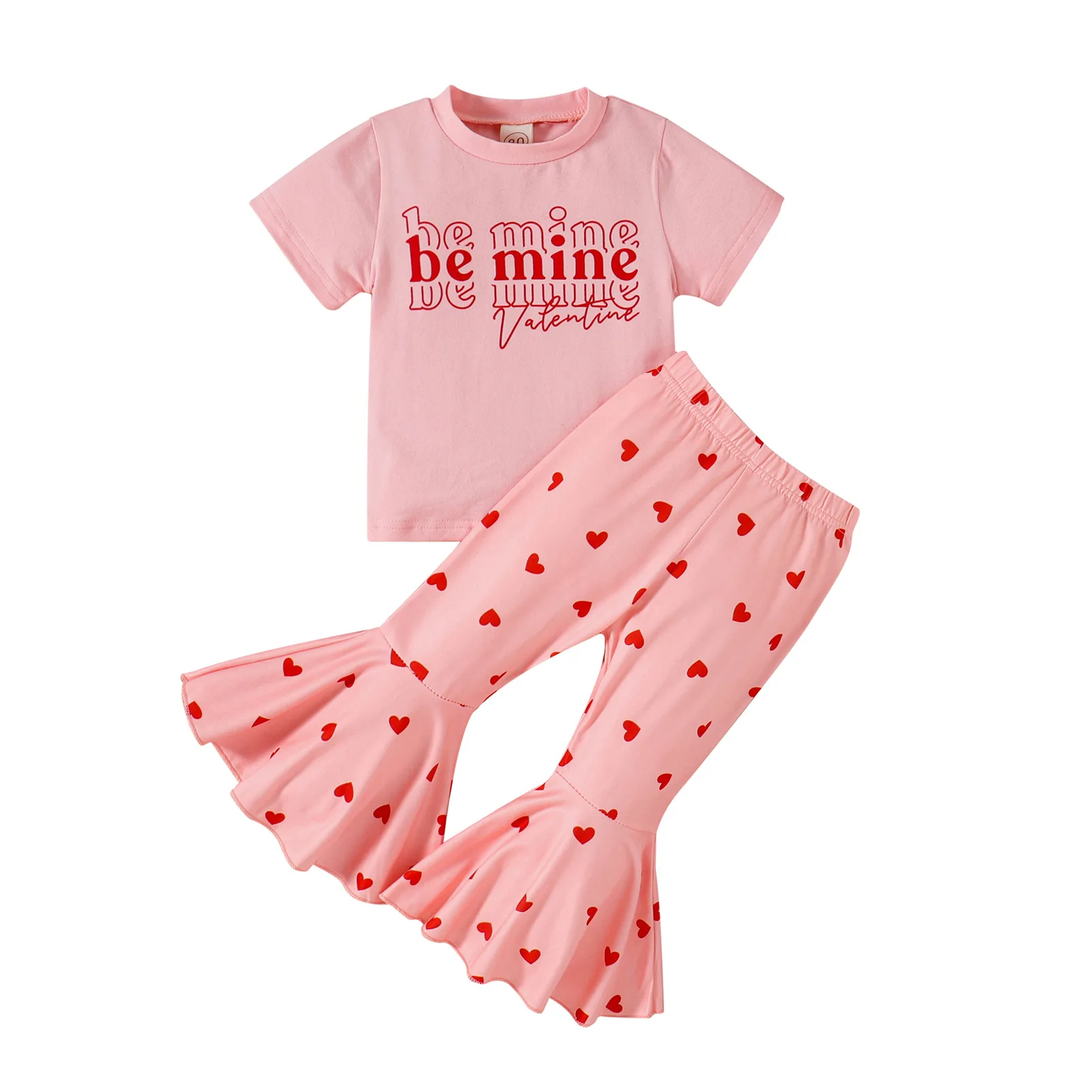 Ready To Ship Fashion Girls Clothing Set Short Sleeve Letter Printed T-shirt Heart Bell Pants Girls Valentine's Clothing