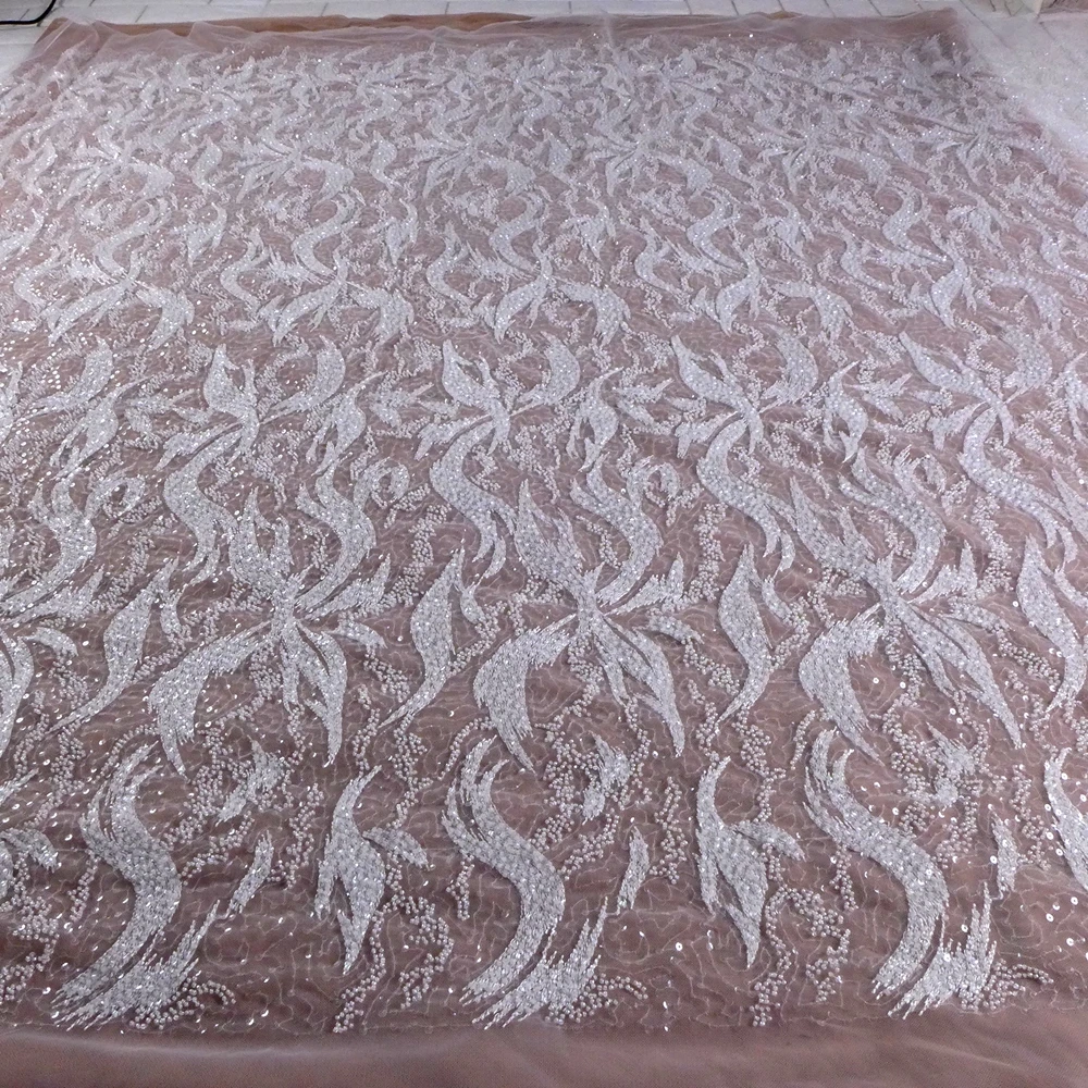 HelluyerDc Off-white beaded lace fabric,Simple lines points embroidery  for evening,wedding prom dress,Bridal veil easy to cut view 6