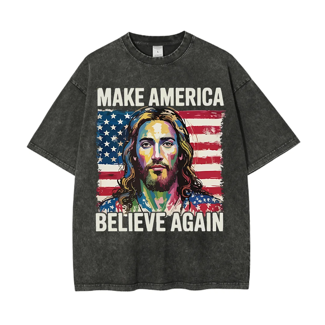 

Христианская стираная футболка Make America Believe Again, модные свободные футболки с круглым вырезом и короткими рукавами, летние женские футболки большого размера
