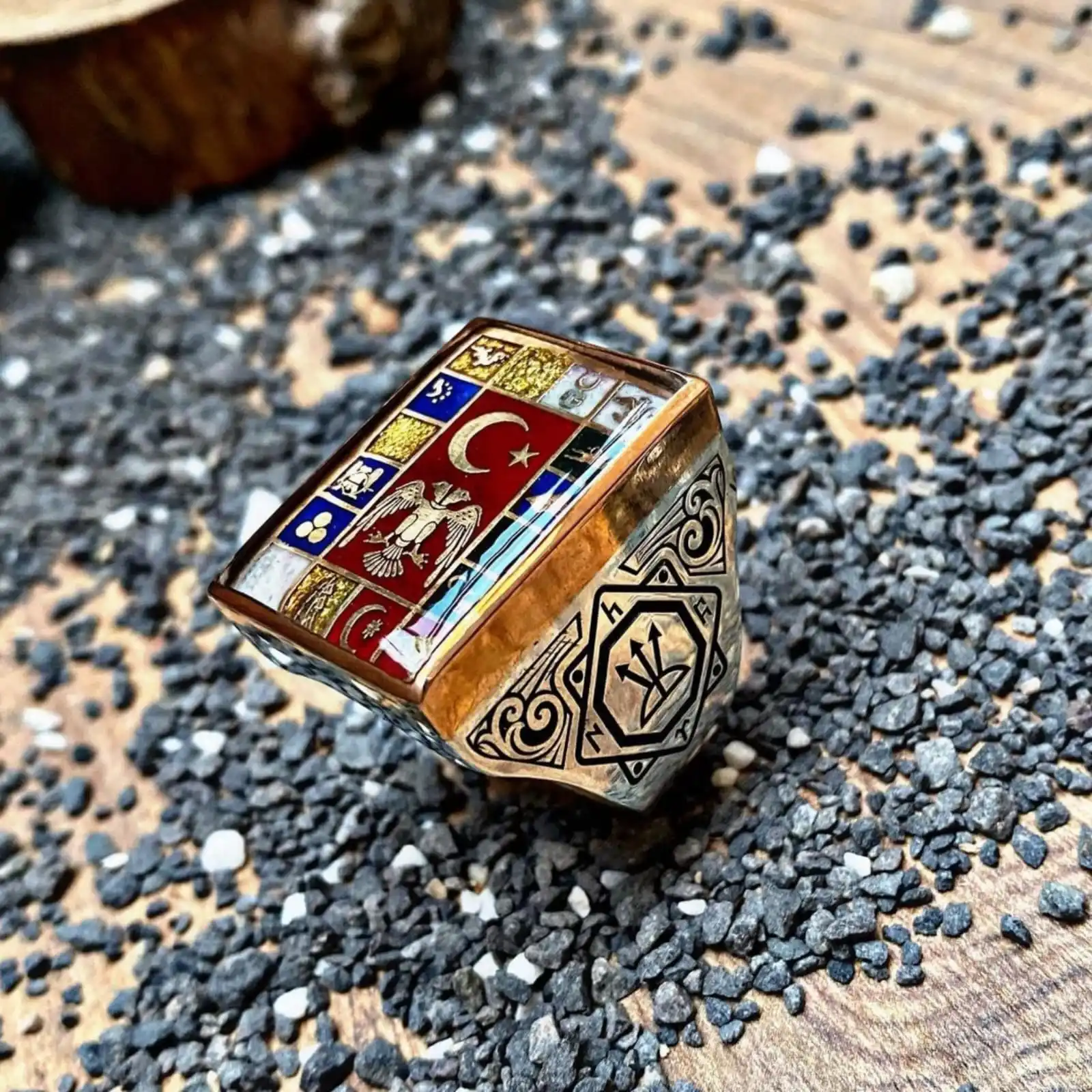 

16 Turkish Flag Oguz Khagan Seljuk Men's Silver Ring Adjustable Size Handmade Jewelry Gift Rings