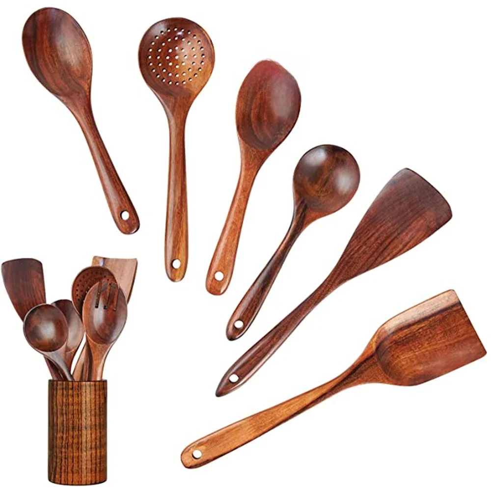 1-7 sztuk zestaw przyborów kuchennych, drewniane, do żywności zestaw sztućców non-stick Pan kuchnia narzędzie sąsiad prezent drewniane, do żywności zestaw łyżek — zdjęcie 2