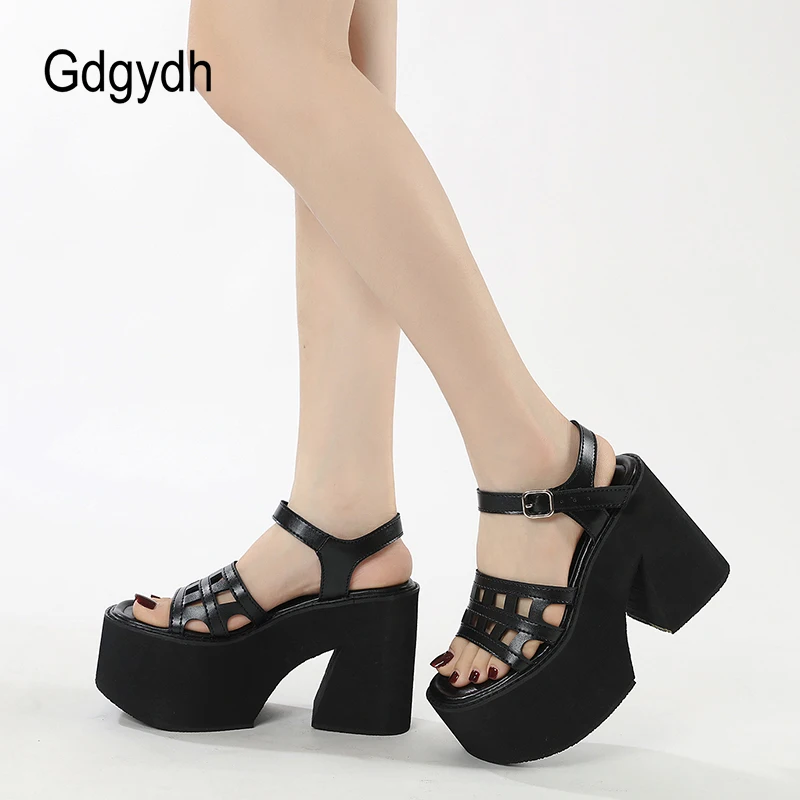 Gdgydh Women\'s Platform Sandals Goth Hollow Out Ankle Strap Heeled Sandals Solid Color Open Toe Casual Walking Beach Shoes