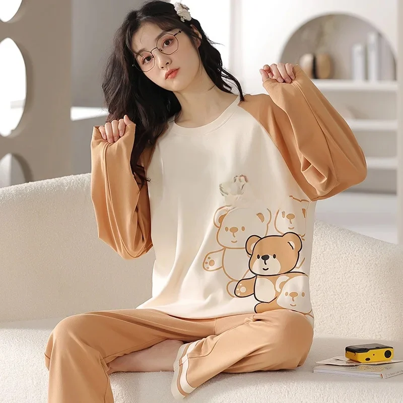 Pyjama en coton à manches longues pour femmes, vêtements de détente à carreaux, ours de dessin animé, vert menthe frais, haute qualité, 2 pièces, automne et hiver