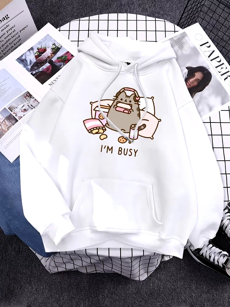 Sorry I\'M Busy Cat Playing Games With Headphones Women Hoody Simple Pocket Pullovers Outdoor Soft Sweat Street Casual Female Top