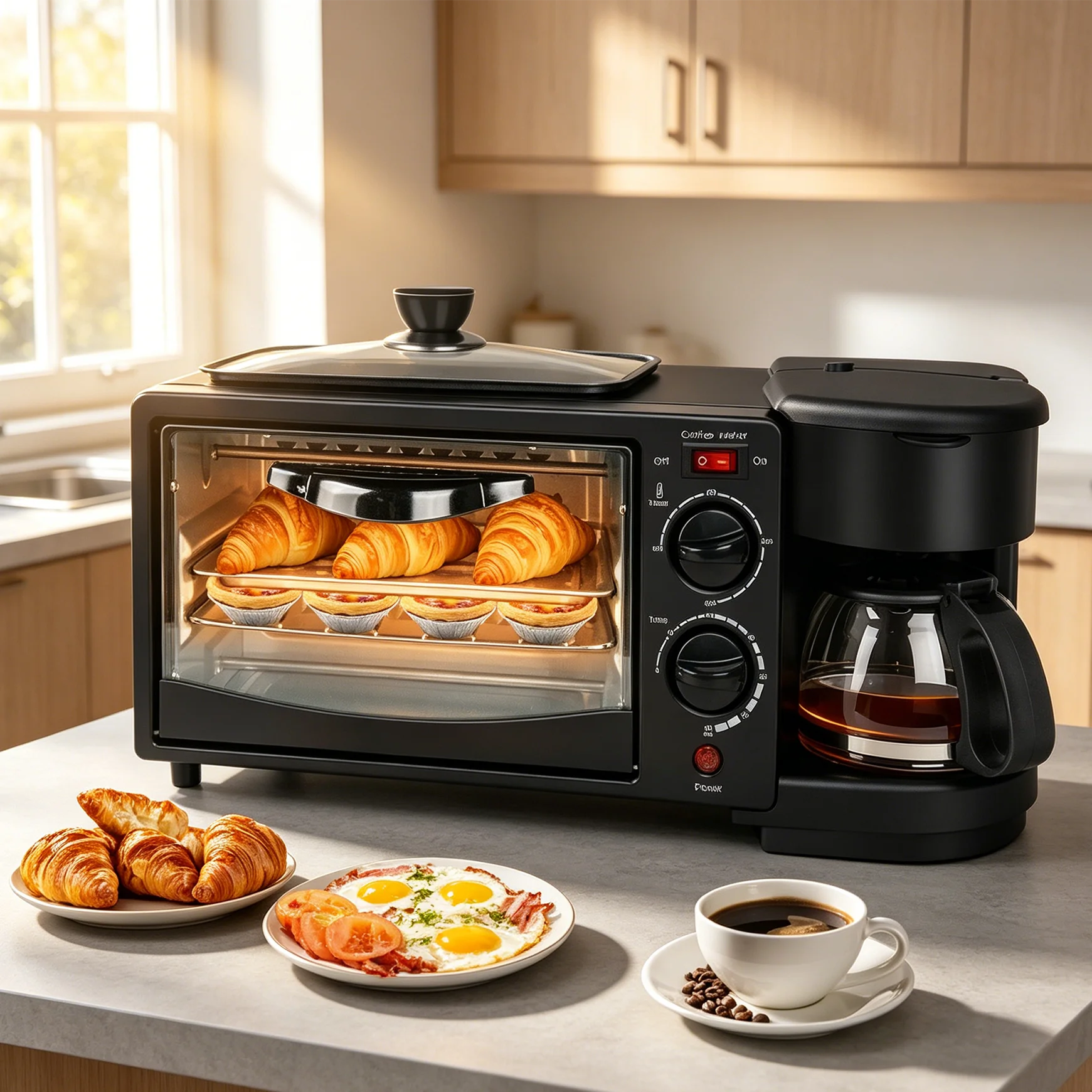 Estación de Desayuno 3 en 1, Horno de 9L 100-230 ° Cafetera y Plancha Antiadherente de 600 ml, Potencia de 600W/450W, Temporizador de 30 Minutos, Función para Mantener Caliente, Tuesta Tostadas, Huevos, Tocino y Café para el Hogar y la Cocina