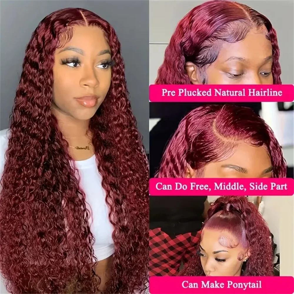 13x6 HD Lace Front Wig Transparent Human Hair Curly Colored Burgundy 30 Inch Deep Wave Frontal Brazilian Wigs For Women Choice